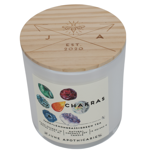 Chakras 12 oz Glass Wooden Wick Candle