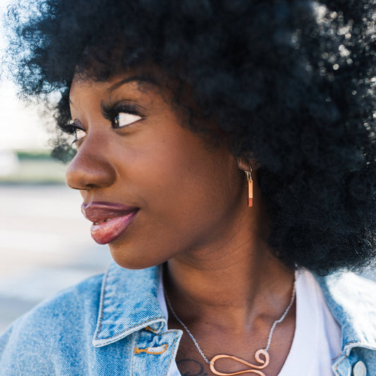 Get Ready copper hairpin earrings by Mend on the Move jewelry. Created from auto parts by abuse survivors in Detroit.