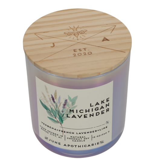 Lake Michigan Lavender 12 oz Glass Wooden Wick Candle