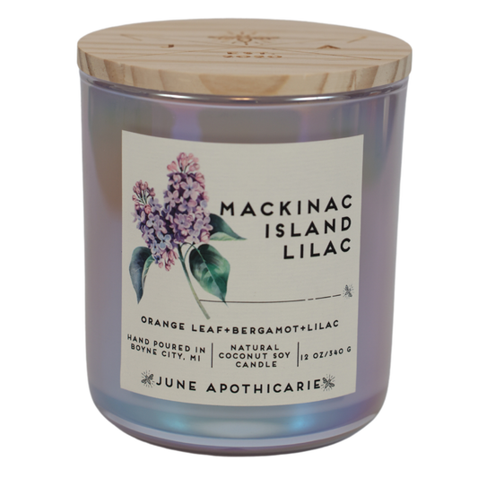 Mackinac Island Lilac 12 oz Glass Wooden Wick Candle