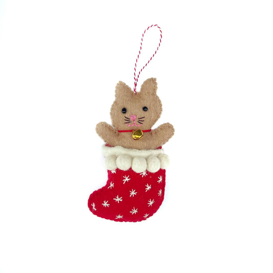 Cat in Stocking Felt Wool Christmas Ornament