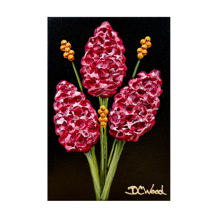 Contemporary floral painting inspired by pink hyacinths featured in the "Baby Blooms" collection by Michigan artist Denise Cassidy. Original, artist-signed, acrylic and mixed-media on gallery-wrapped canvas painting.