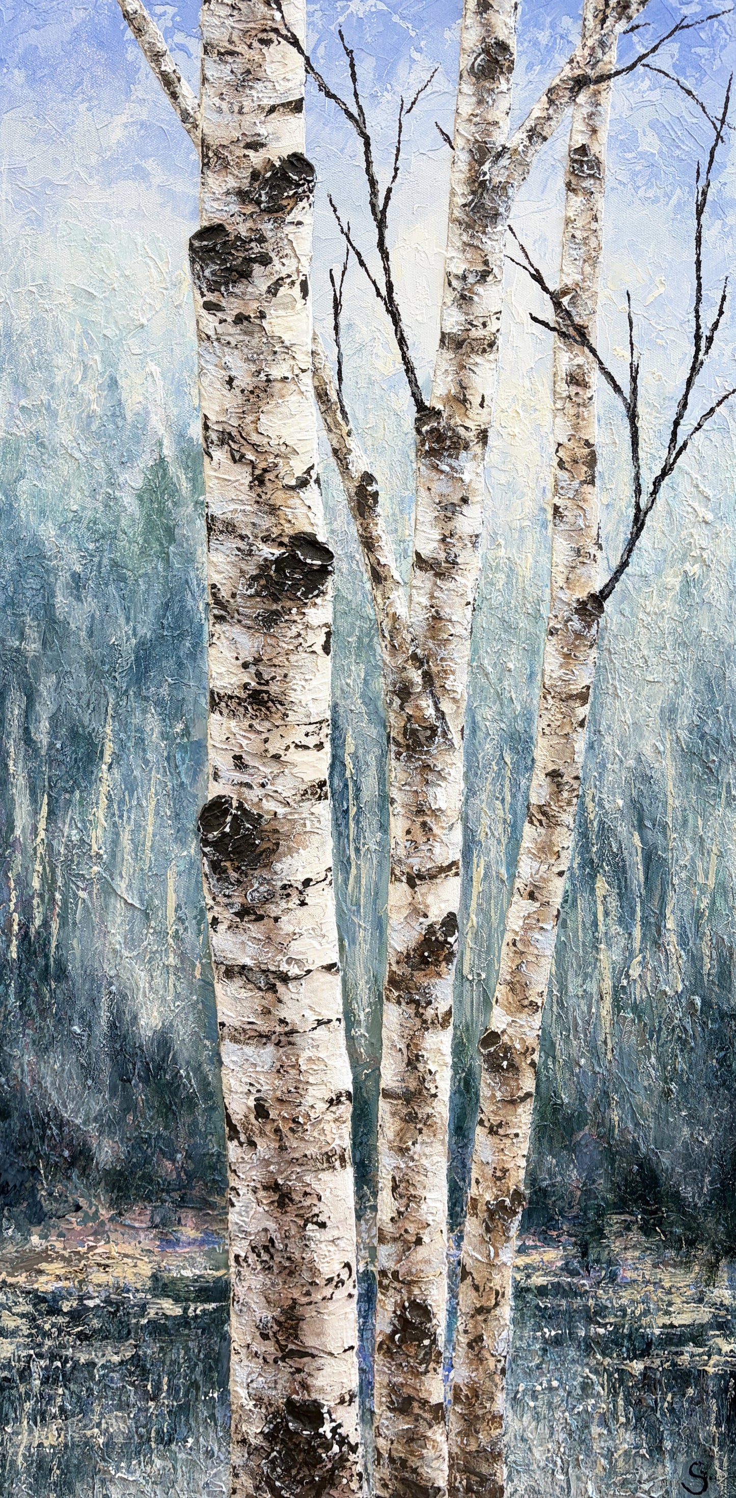 A stunning original painting of birch trees and a woodland pond by Gerd Schmidt that showcases the beauty of quiet forest scenery.