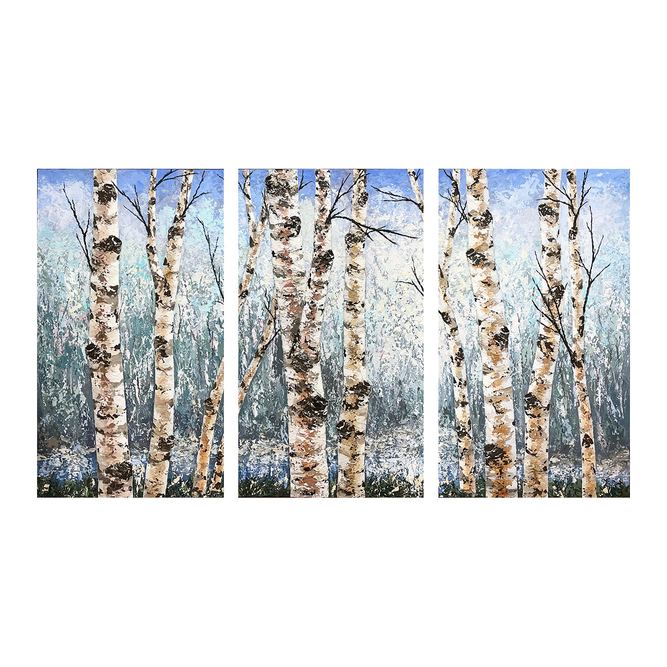 Triptych painting of birch trees with a snowy landscape by Gerd Schmidt of Michigan.