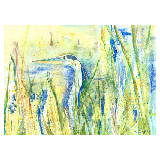 Blue Heron original watercolor painting by Michigan artist Megan Swoyer of Greenbush Media.