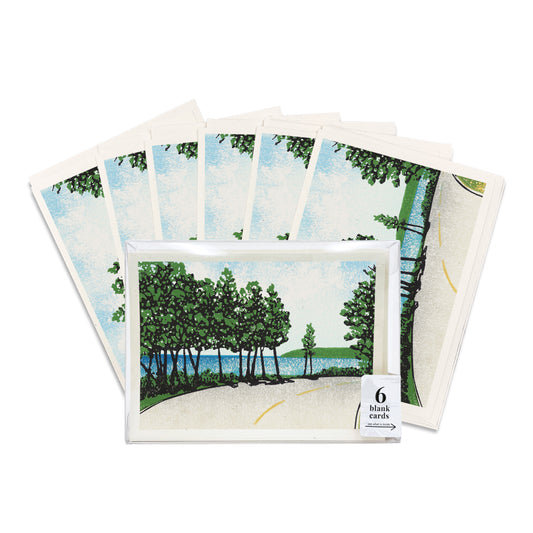 Bend by the Bay. A casually elegant card featuring a digital reproduction of a block print design with the same title by Natalia Wohletz of Peninsula Prints, Milford and Mackinac Island, Michigan.