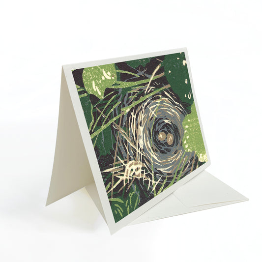Bird's Nest. A casually elegant card featuring a digital reproduction of a block print design with the same title by Natalia Wohletz of Peninsula Prints, Milford and Mackinac Island, Michigan.