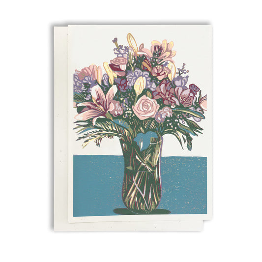 Bouquet.  A casually elegant card featuring a digital reproduction of a block print design with the same title by Natalia Wohletz of Peninsula Prints, Milford and Mackinac Island, Michigan.