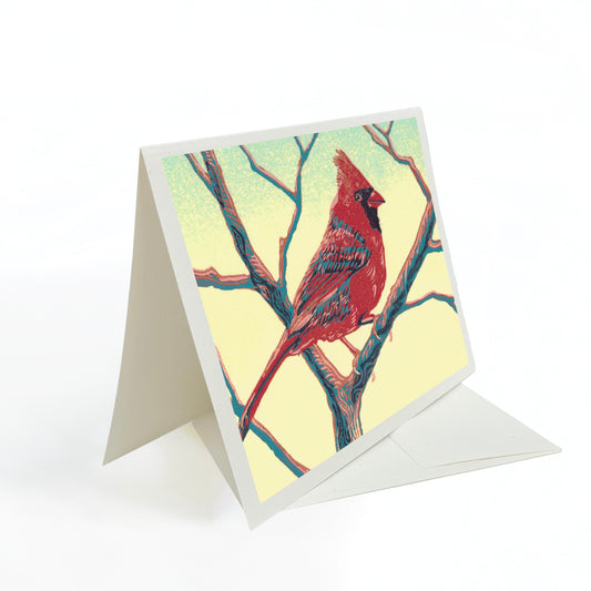 Cardinal. A casually elegant card featuring a digital reproduction of a block print design with the same title by Natalia Wohletz of Peninsula Prints, Milford and Mackinac Island, Michigan.