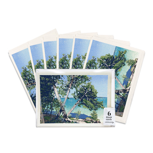 Cedar Beach. A boxed set of six casually elegant cards featuring a digital reproduction of a block print design with the same title by Natalia Wohletz of Peninsula Prints, Milford and Mackinac Island, Michigan.