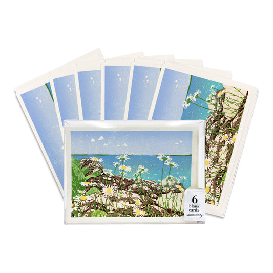 Blank greeting cards featuring the block print "Daisy Shore" by Natalia Wohletz of Peninsula Prints. Set of six.