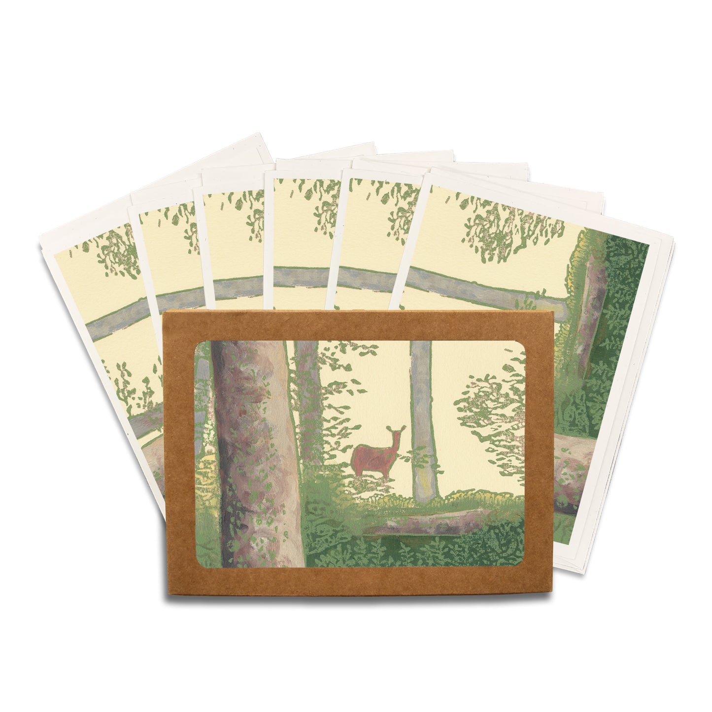 Deer in the Woods.  A casually elegant card featuring a digital reproduction of a block print design with the same title by Natalia Wohletz of Peninsula Prints, Milford and Mackinac Island, Michigan.