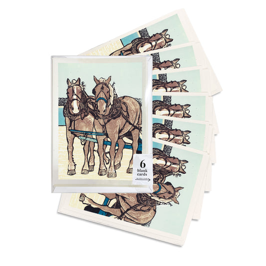 Dray Team on the Dock. A boxed set of six casually elegant cards featuring a digital reproduction of a block print design with the same title by Natalia Wohletz of Peninsula Prints, Milford and Mackinac