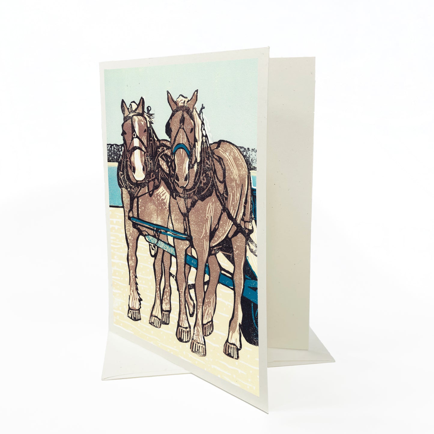 Dray Team on the Dock. A casually elegant card featuring a digital reproduction of a block print design with the same title by Natalia Wohletz of Peninsula Prints, Milford and Mackinac Island, Michigan.