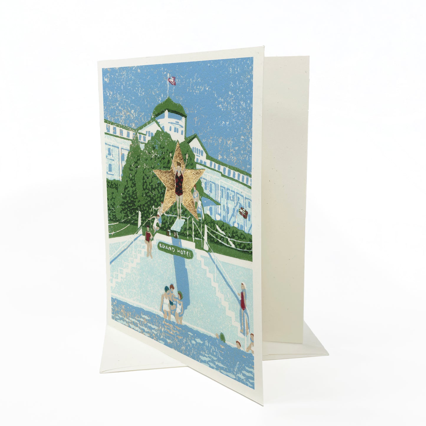 Blank greeting card featuring the block print "Esther Williams, the Water Ballerina" by Natalia Wohletz of Peninsula Prints.