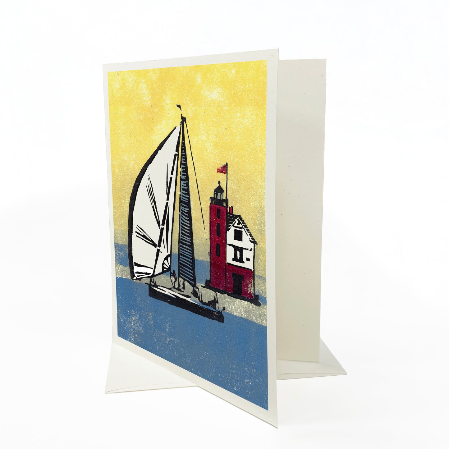 Foggy Finish. A casually elegant card featuring a digital reproduction of a block print design with the same title by Natalia Wohletz of Milford and Mackinac Island, Michigan.