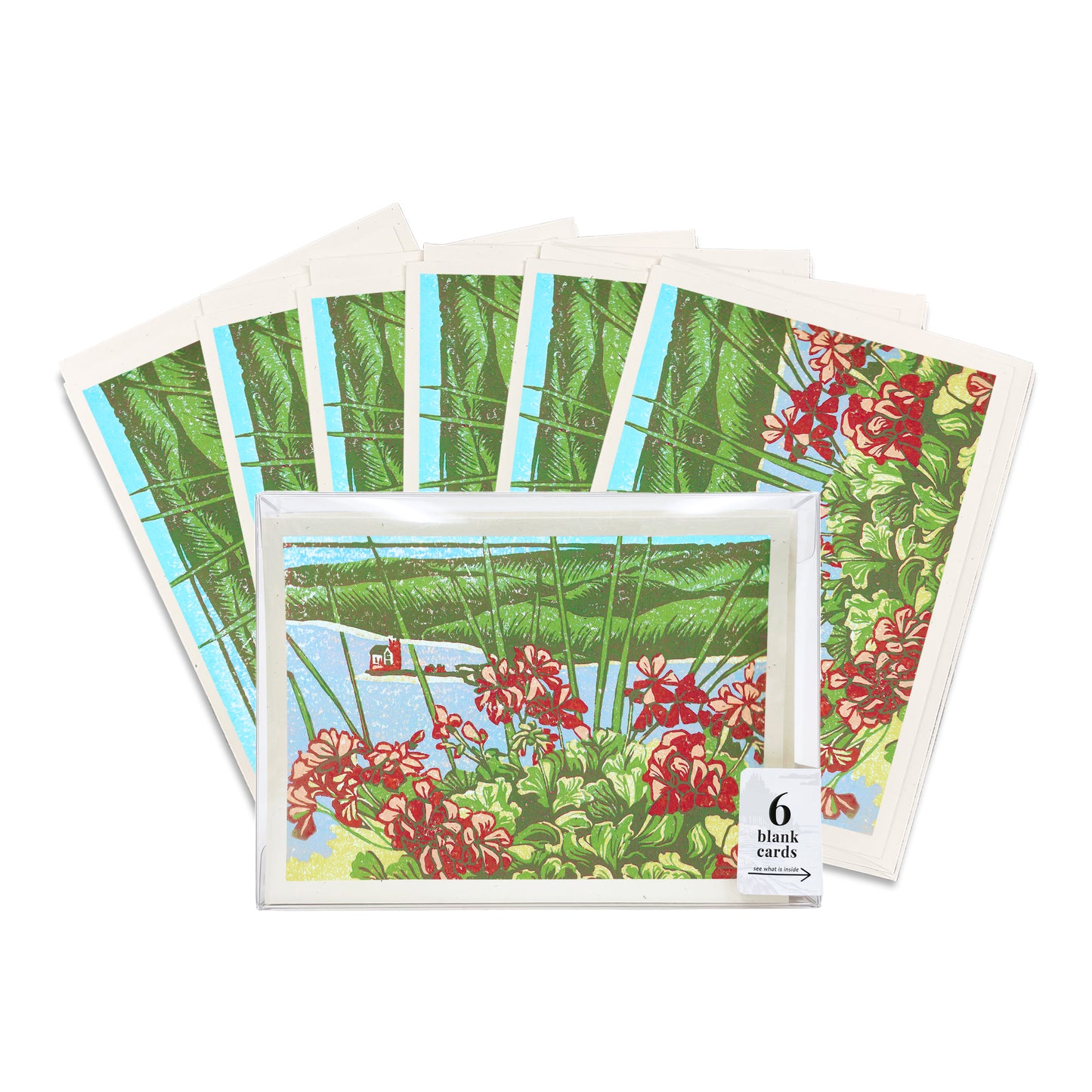 A set of six casually elegant cards featuring Mackinac Island art by Natalia Wohletz of Peninsula Prints titled Grand Geranium View.