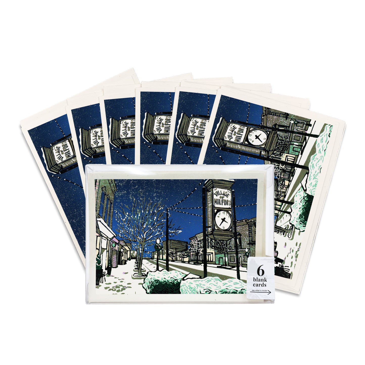 Milford Lights. A boxed set of six casually elegant Christmas cards featuring a digital reproduction of a block print design with the same title by Natalia Wohletz of Peninsula Prints, Milford and Mackinac Island, Michigan.