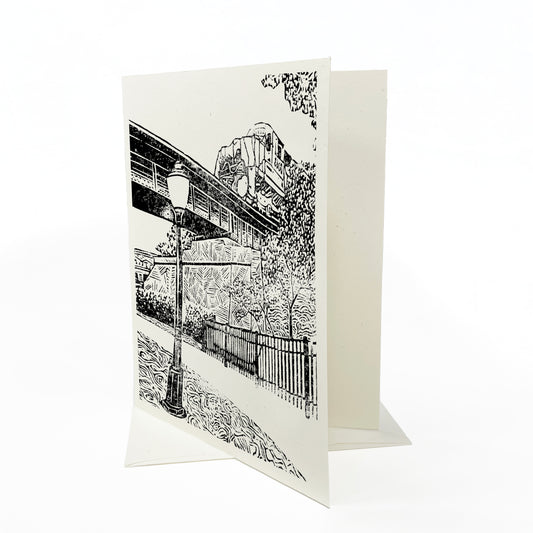 Milford Train. A casually elegant card featuring a digital reproduction of a block print design with the same title by Natalia Wohletz of Peninsula Prints, Milford and Mackinac Island, Michigan.