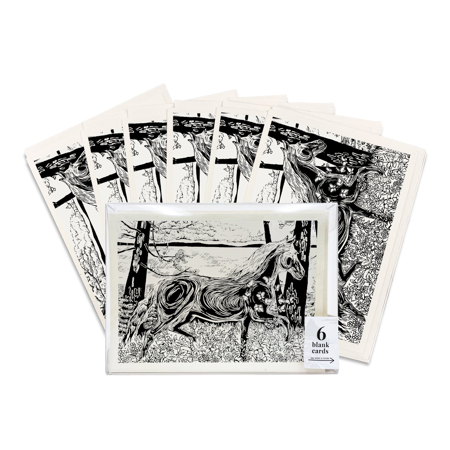 A boxed set of six casually elegant cards featuring horse art by Natalia Wohletz titled Morning Frolic featuring a horse and wildflowers.