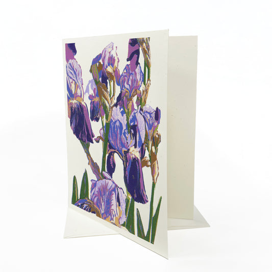 Purple Iris Blank Greeting Card. A casually elegant card featuring a digital reproduction of Natalia Wohletz’s Peninsula Prints block print design.