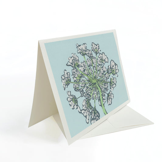 Queen Anne's Lace Blank Greeting Card. Purple Iris Blank Greeting Card. A casually elegant card featuring a digital reproduction of Natalia Wohletz’s Peninsula Prints block print design.