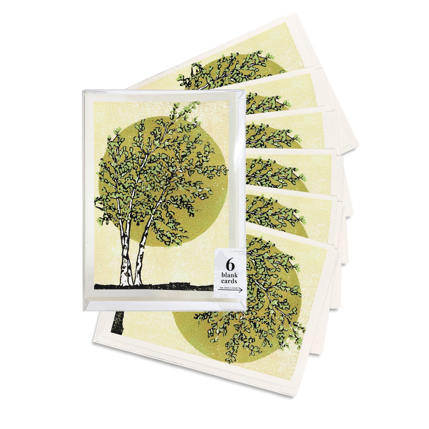 Radiant Birches. A boxed set of six casually elegant cards featuring a digital reproduction of Natalia Wohletz’s Peninsula Prints block print design with the same title.