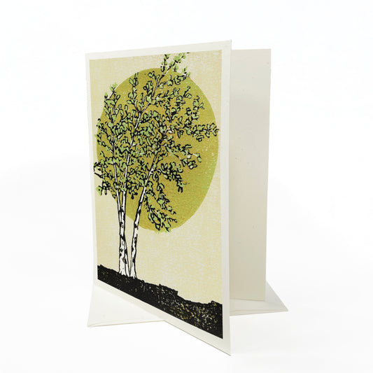 Radiant Birches. A casually elegant card featuring a digital reproduction of Natalia Wohletz’s Peninsula Prints block print design with the same title.
