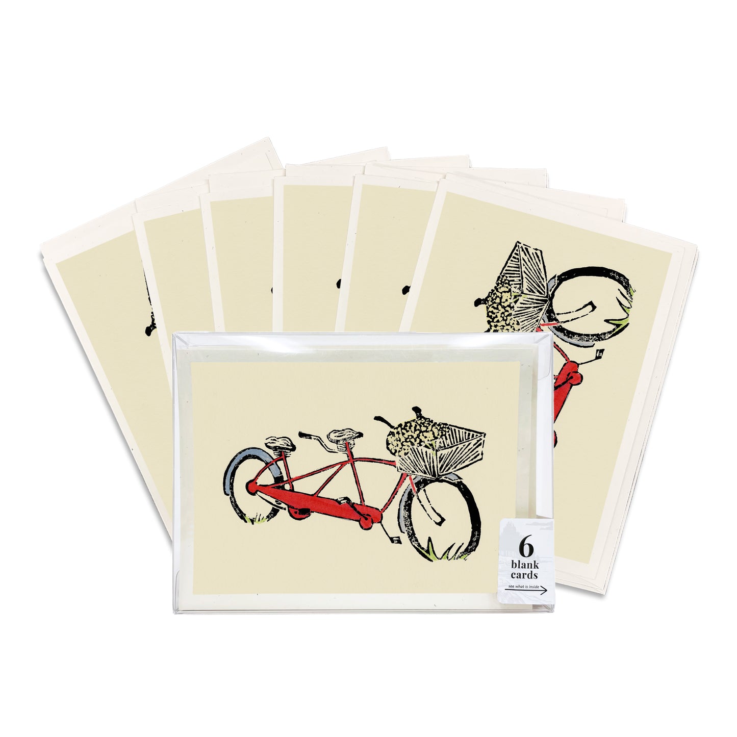 A boxed set of six casually elegant Red Tandem bike greeting cards by Natalia Wohletz of Peninsula Prints.