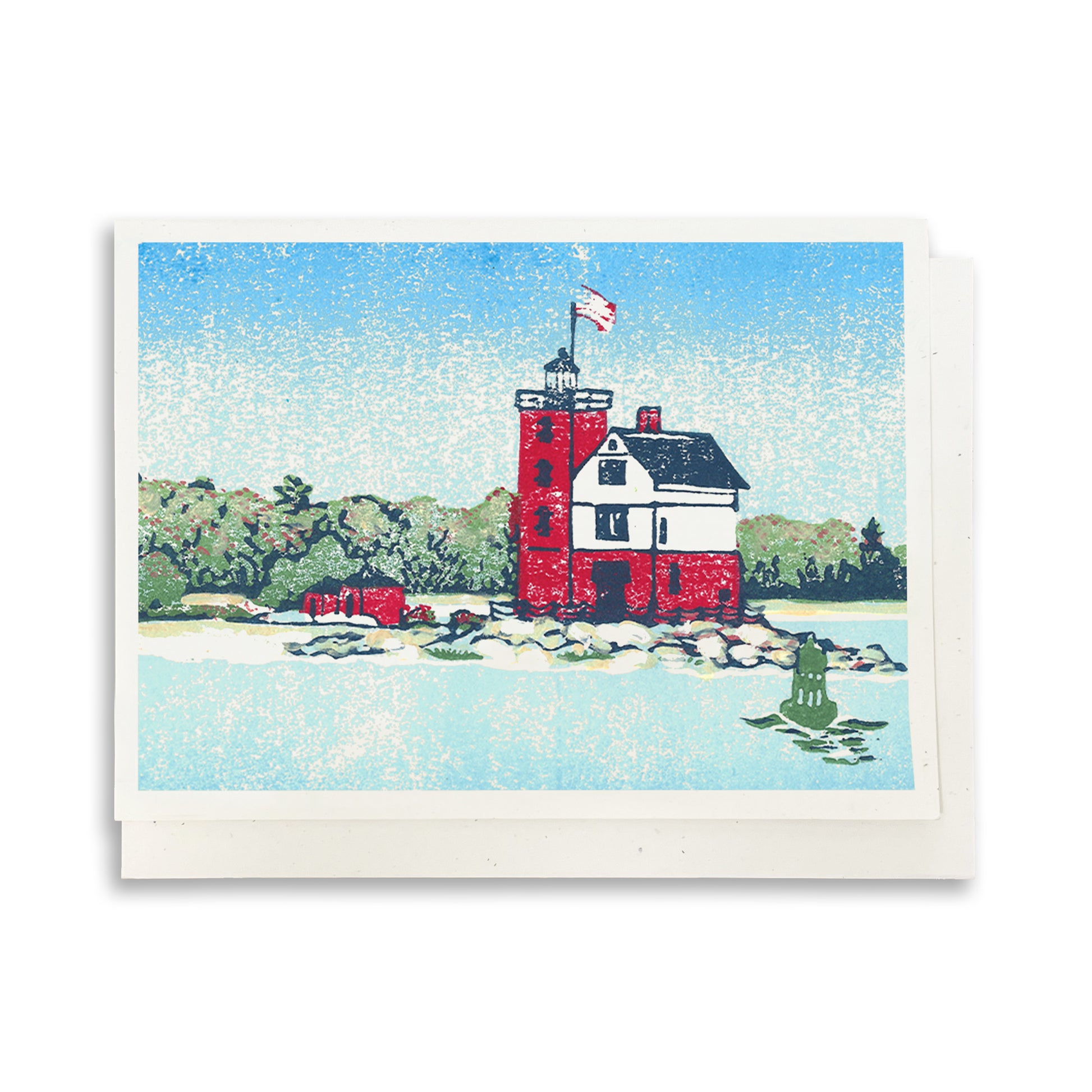 Round Island Light.  A casually elegant card featuring a digital reproduction of Natalia Wohletz’s Peninsula Prints block print design with the same title.