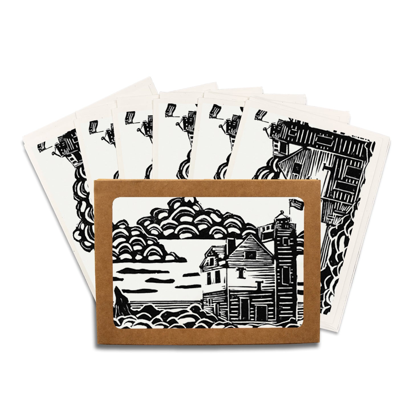 Round Island Lighthouse. A casually elegant set of cards featuring a digital reproduction of a block print design with the same title by Natalia Wohletz of Peninsula Prints, Milford and Mackinac Island, Michigan.