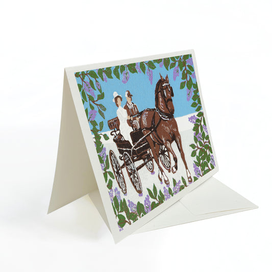 Blank greeting card featuring the block print "Somewhere in Time Carriage Ride" by Natalia Wohletz of Peninsula Prints.