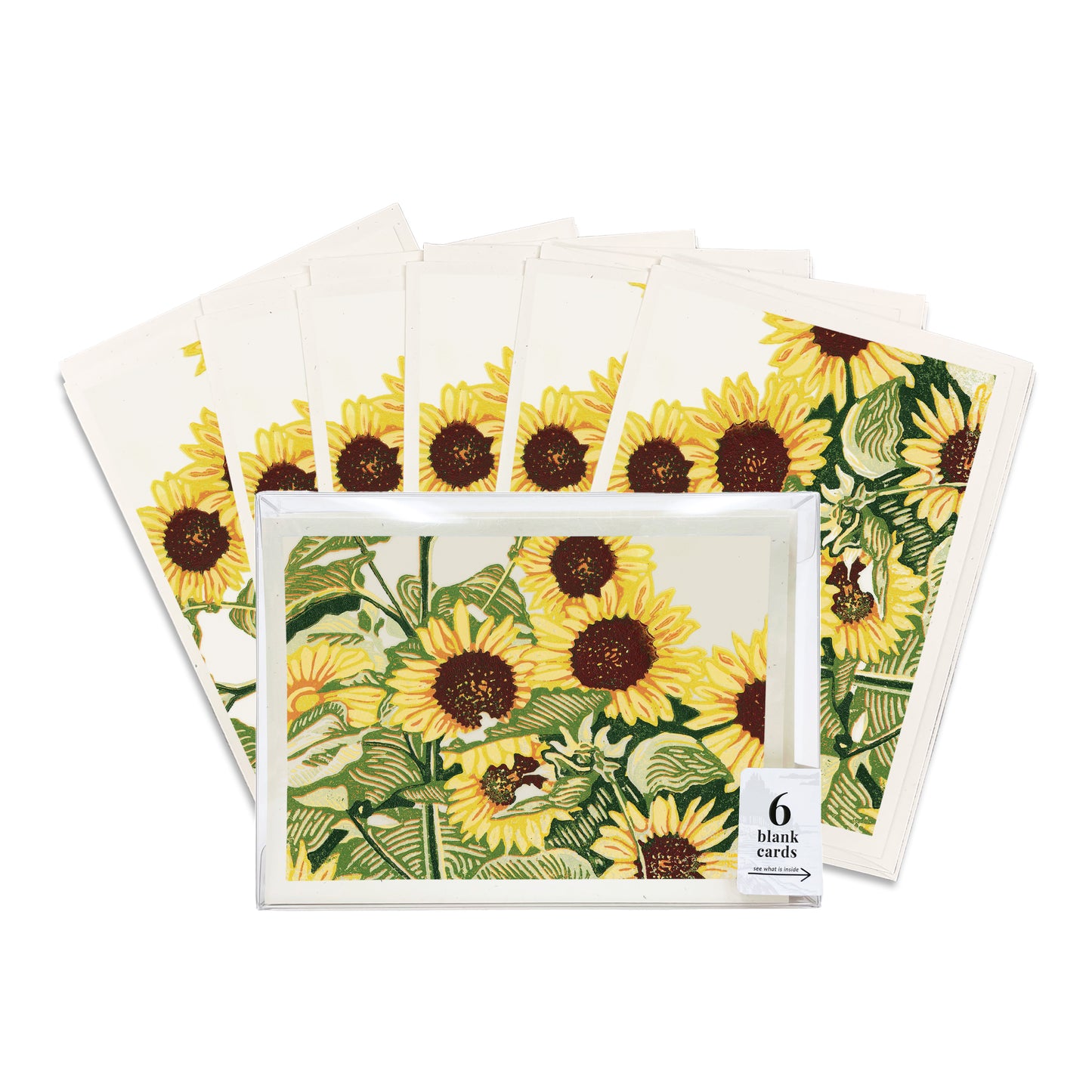 A boxed set of six casually elegant cards featuring flower art by Natalia Wohletz of Peninsula Prints titled Sunflower Patch.