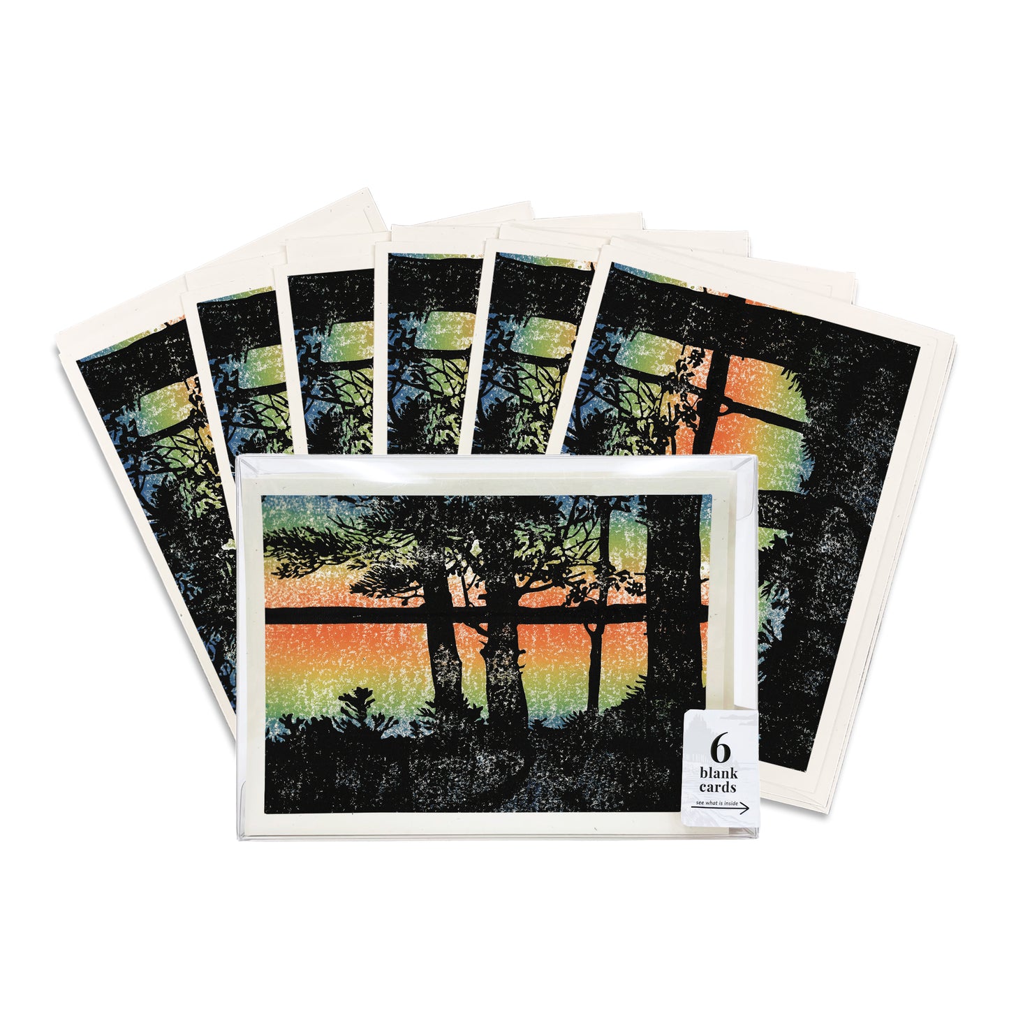 A boxed set of six casually elegant cards featuring Michigan landscapes art by Natalia Wohletz of Peninsula Prints titled Sunset.