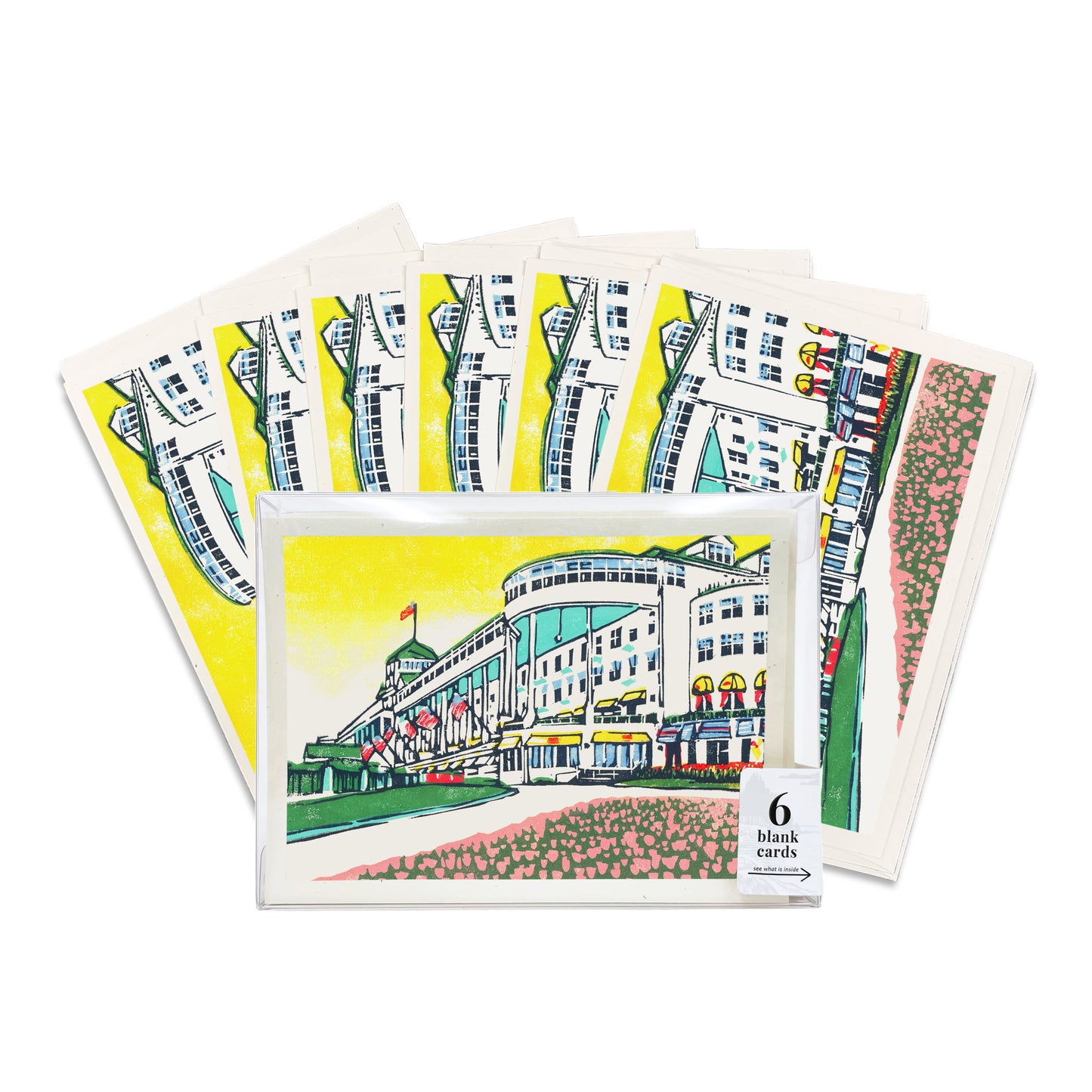 A boxed set of six casually elegant cards featuring Mackinac Island art by Natalia Wohletz of Peninsula Prints titled The Grand Hotel.