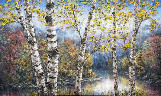 Birch Woodland River - an original acrylic of birch trees by Michigan artist Gerd Schmidt.