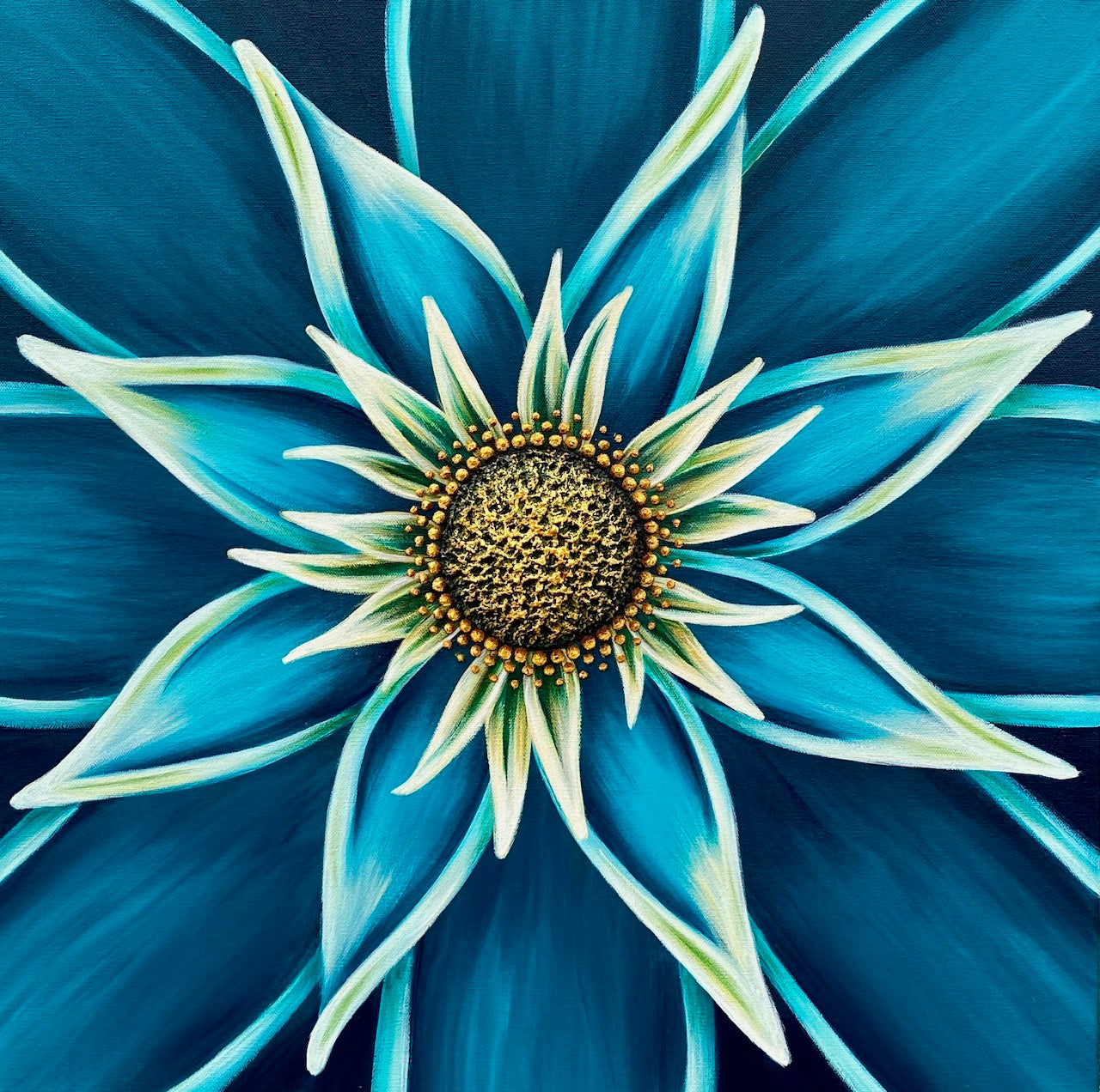 Contemporary original painting of a blue flower by Michigan artist Denise Cassidy.