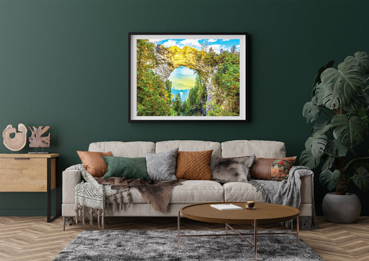 Mackinac’s most iconic scene, Arch Rock, is captured by Jennifer Wohletz with its shadow in the lake far below as the sun sets.