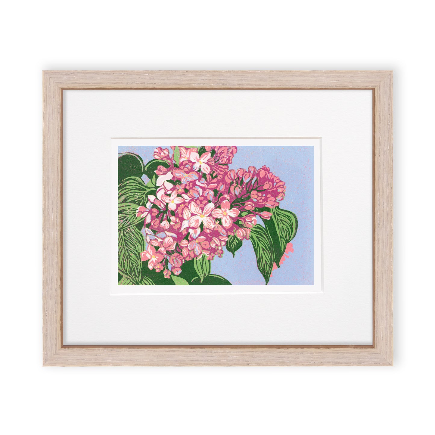 "Lilacs" is a 7"x5" seven-color reduction block print by Natalia Wohletz of pink lilacs with vibrant green leaves blooming against a periwinkle sky. Inspired by Mackinac Island lilacs. Cerused Oak frame.