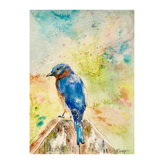 Happy Bluebird original watercolor painting by Michigan artist Megan Swoyer of Greenbush Media.