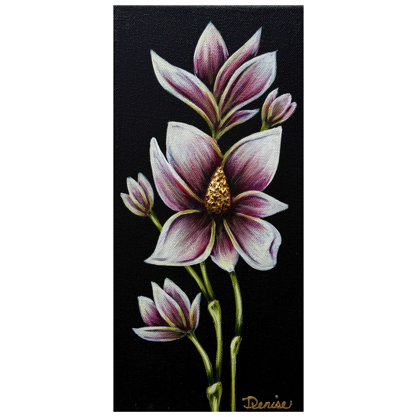 White with Fuschia "Petite Blooms" contemporary floral original paintings by Michigan artist Denise Cassidy.