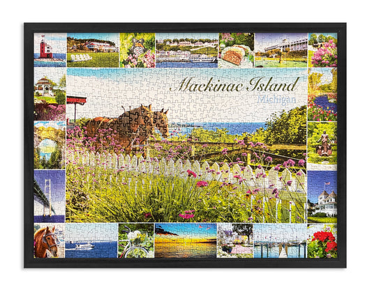 Puzzle of a collage of scenic images from Mackinac Island, Michigan, framed with a black wood frame.