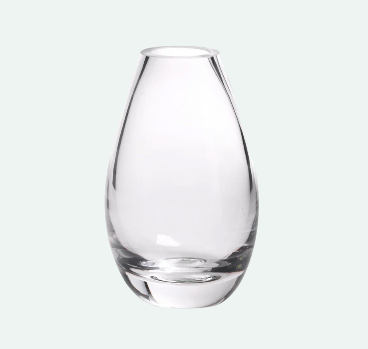 A clear glass vase with a rounded teardrop shape and a short flared rim.