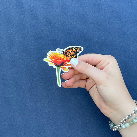 Monarch on Zinnia Vinyl Sticker by Jennifer Wohletz of Mackinac Memories.