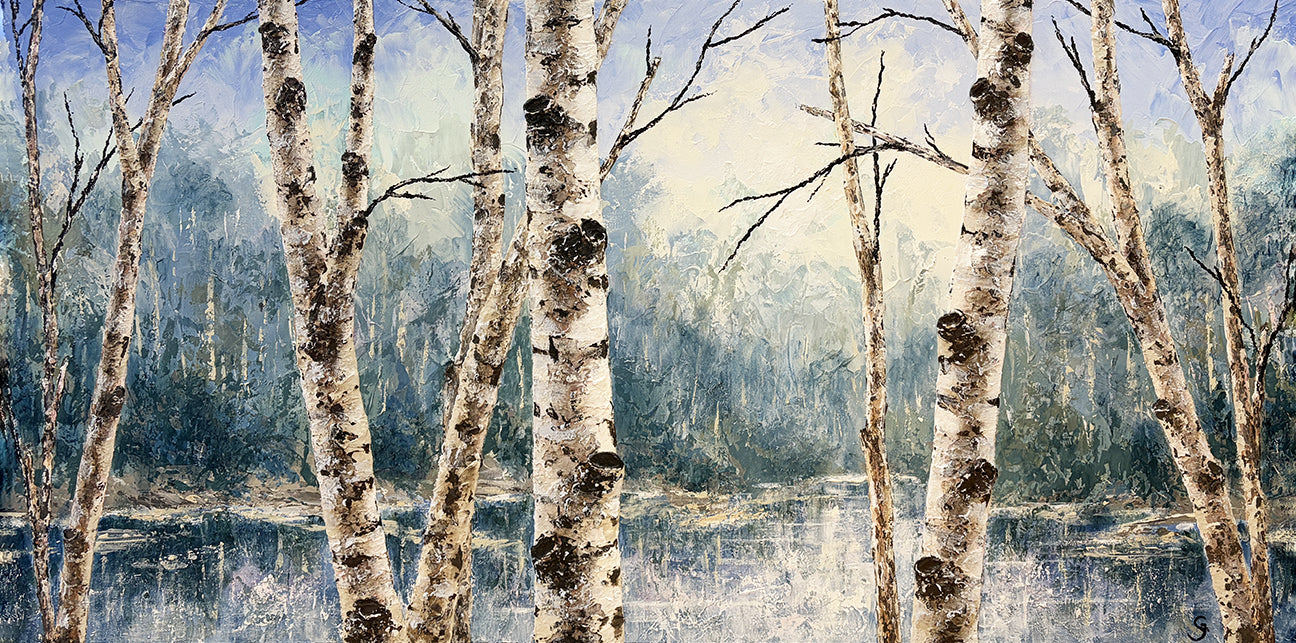 A stunning original painting of birch trees by Gerd Schmidt that showcases the beauty of quiet forest scenery.