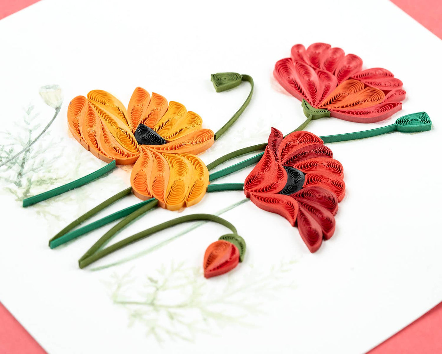 Quilled Red & Orange Poppies Greeting Card