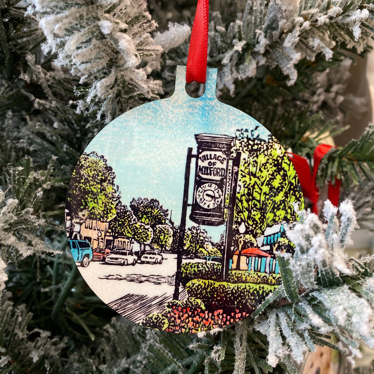 Milford Clock & Railroad Bridge Metal Christmas Ornament