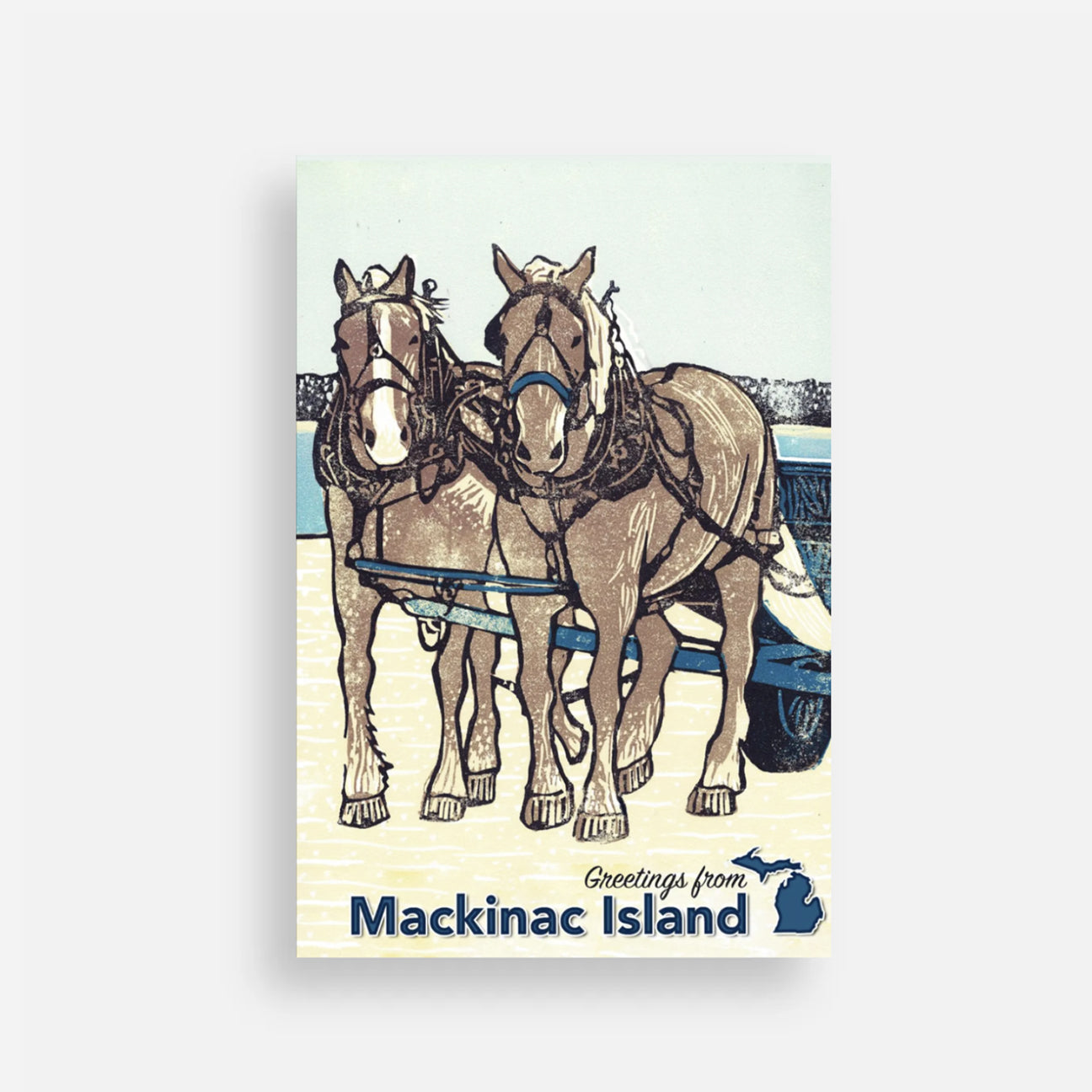 Post card with block print design of two horses by Natalia Wohletz and the text 'Greetings from Mackinac Island.'