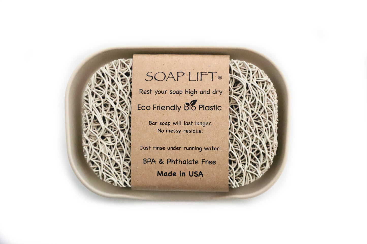 A beige Soap Lift soap dish set with a cardboard packaging that reads 'Soap Lift', 'REUSABLE', 'ECO-FRIENDLY', and 'MADE IN U.S.