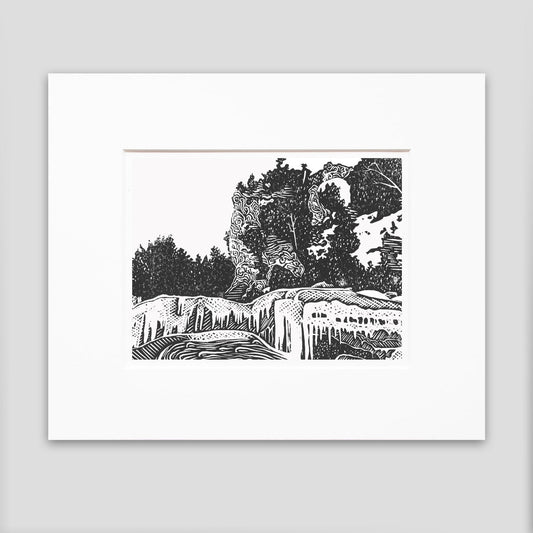Arch Rock in Winter Original Block Print. Contemporary Mackinac Island art by Natalia Wohletz of Peninsula Prints.